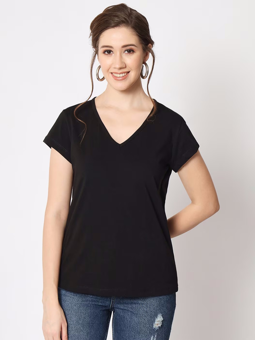 

COLOR CAPITAL V Neck Relaxed Fit Tops, Black
