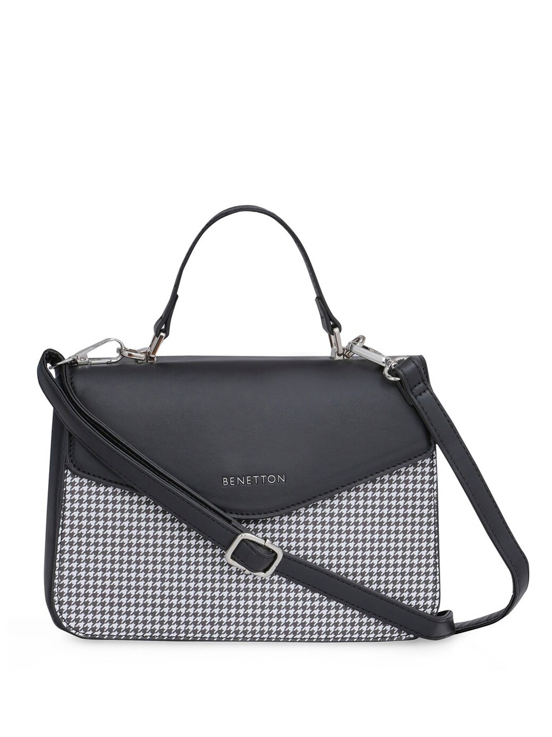 

United Colors of Benetton Conversational Printed PU Structured Satchel, Black