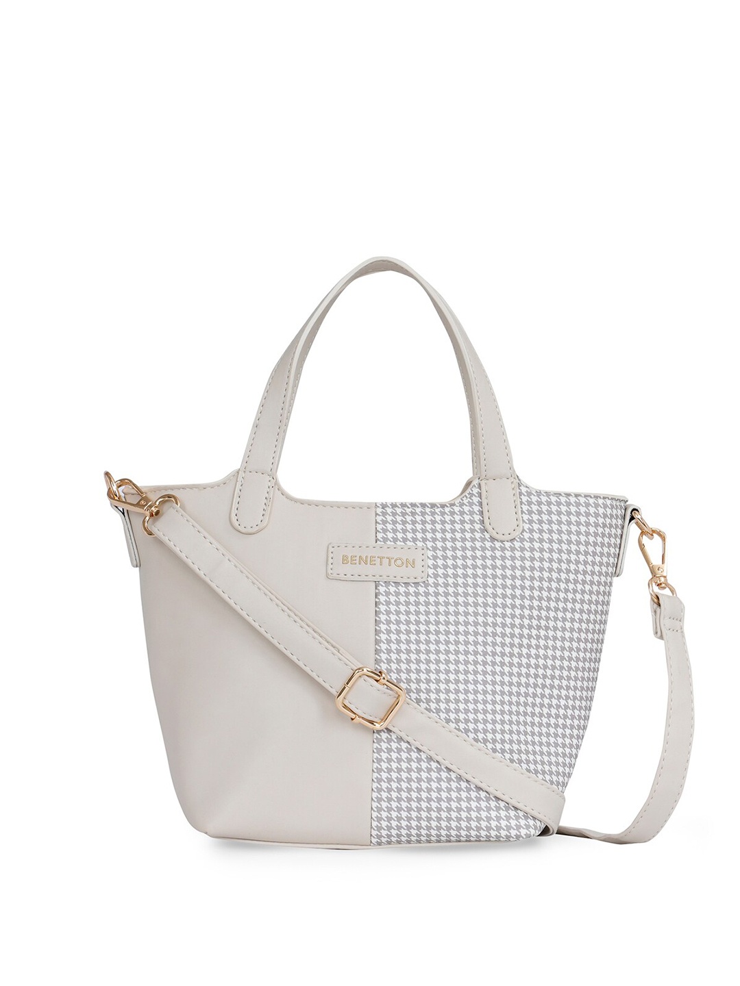 

United Colors of Benetton Checked PU Structured Tote Bag, Beige