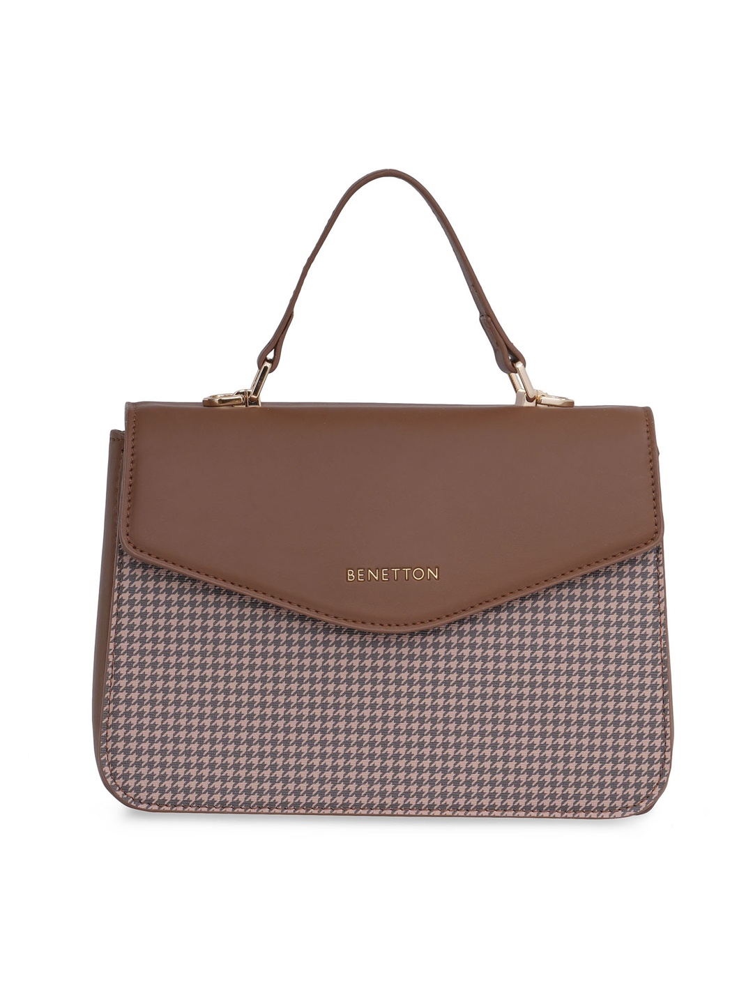 

United Colors of Benetton Checked PU Oversized Structured Satchel, Brown