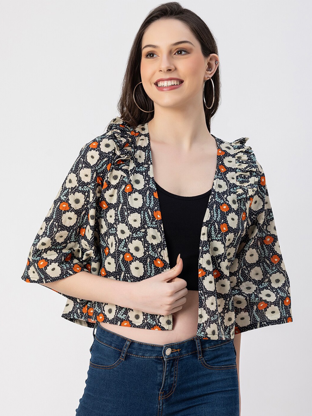 

Moomaya Floral Printed Crop Cotton Open Front Shrug, Beige