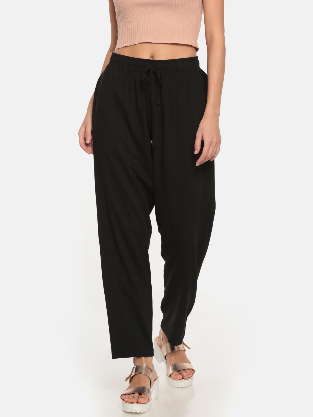 

Go Colors Women Black Solid Relaxed Fit Casual Trousers