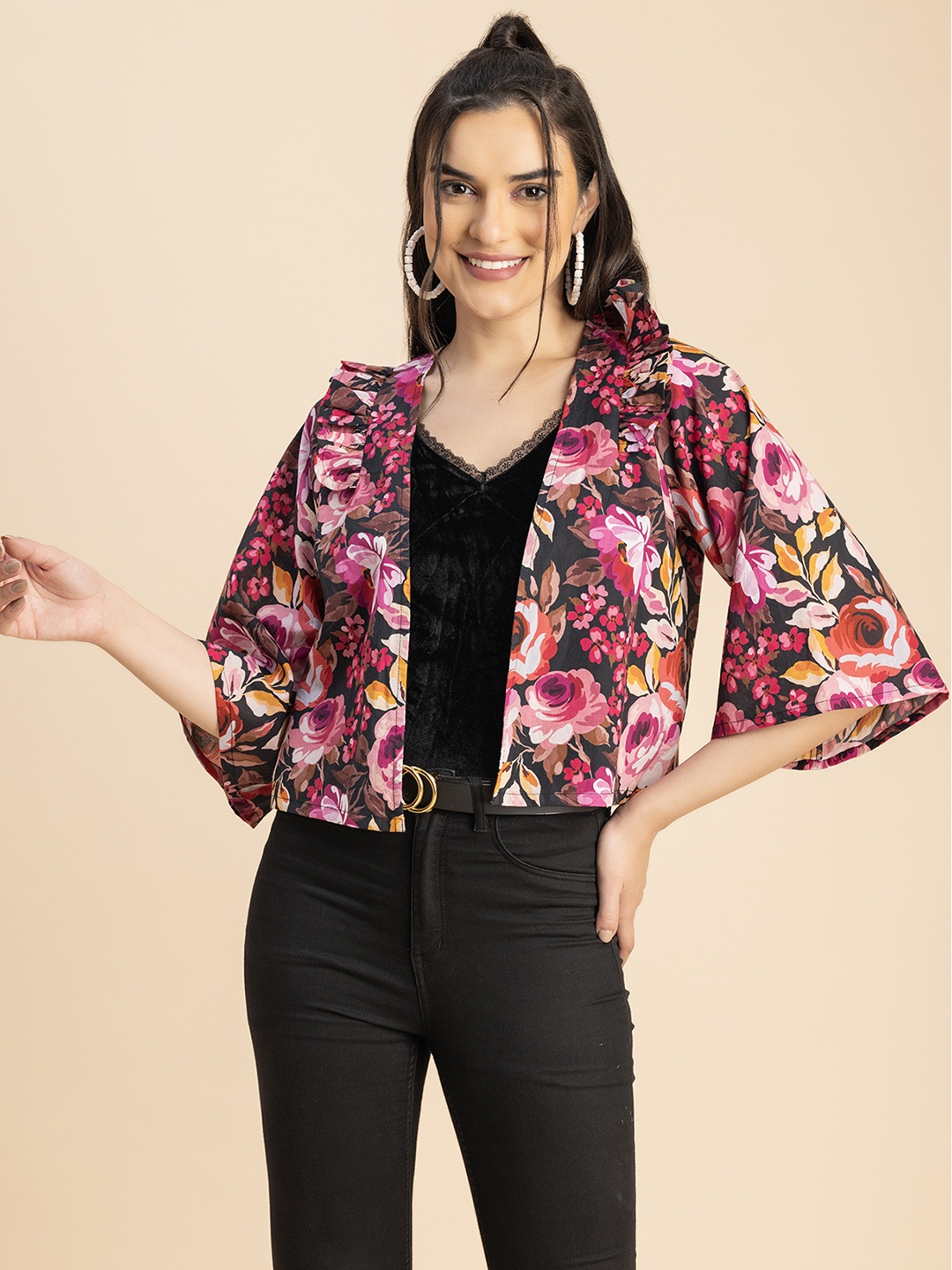 

Moomaya Floral Printed Cotton Open Front Shrug, Black