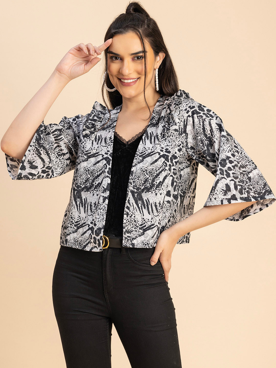 

Moomaya Animal Printed Cotton Open Front Shrug, Grey