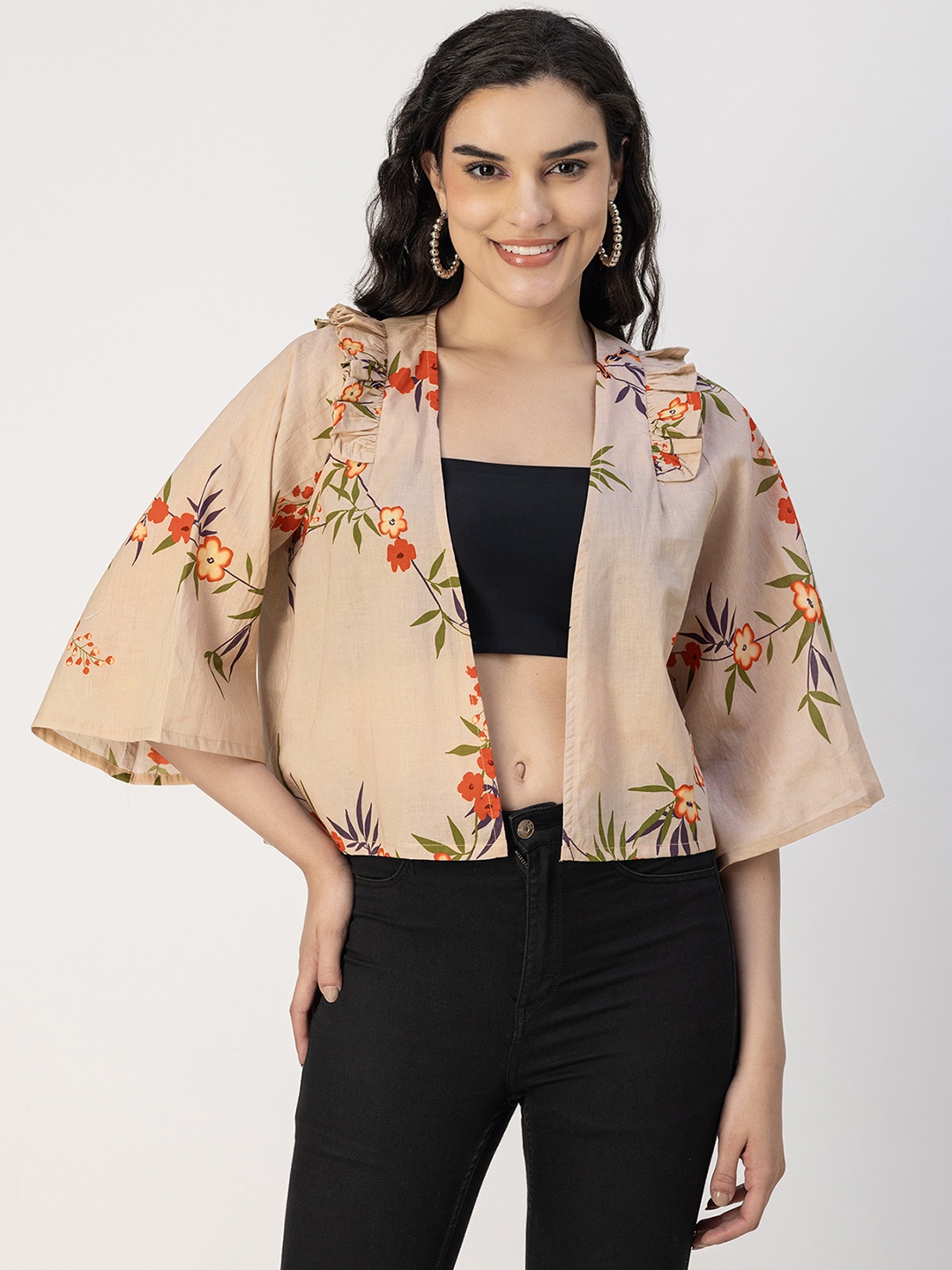

Moomaya Floral Printed Cotton Open Front Shrug, Beige