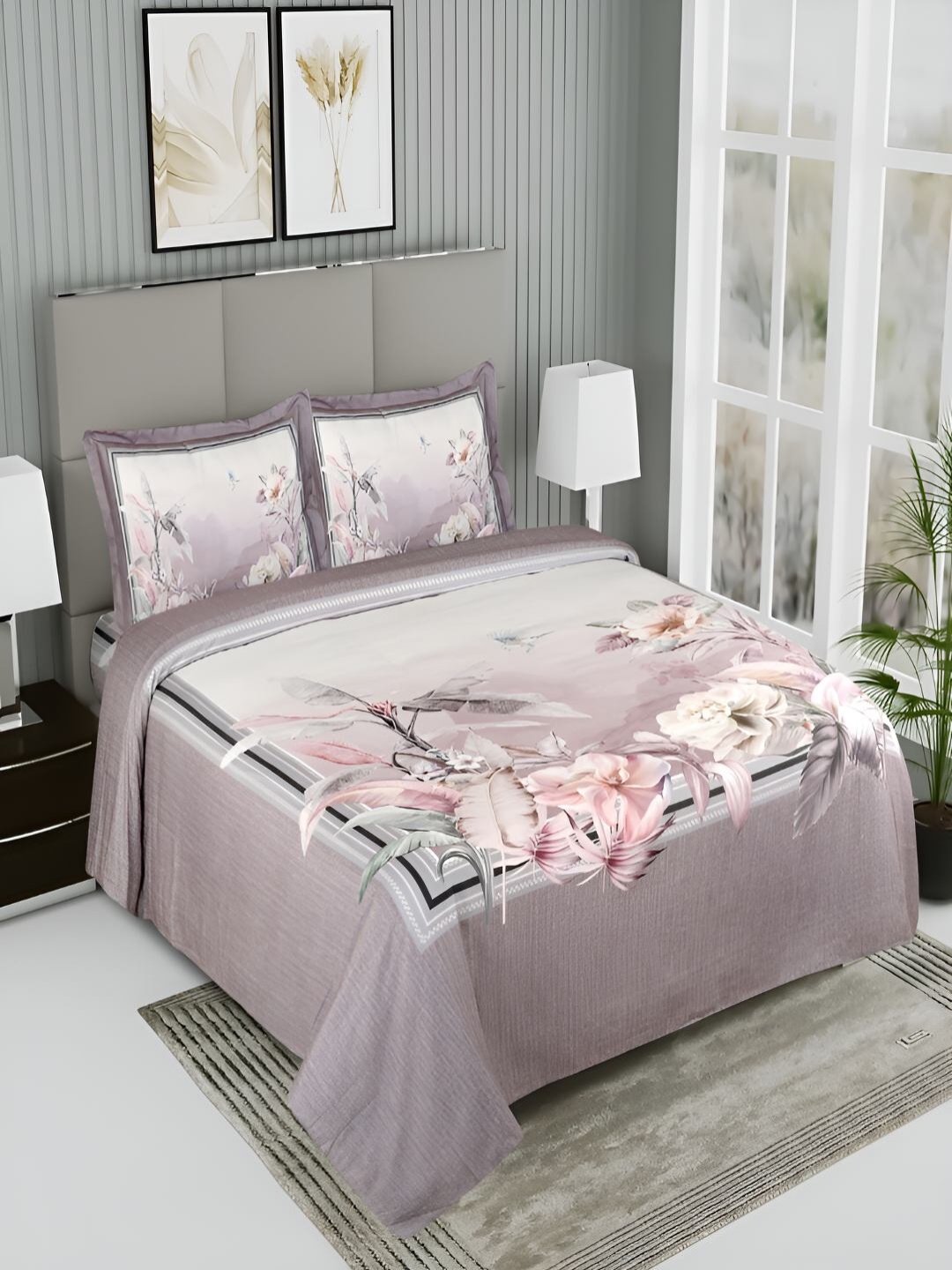 

GAPU & BALY Grey Floral Printed 120 TC King Bedsheet with 2 Pillow Covers