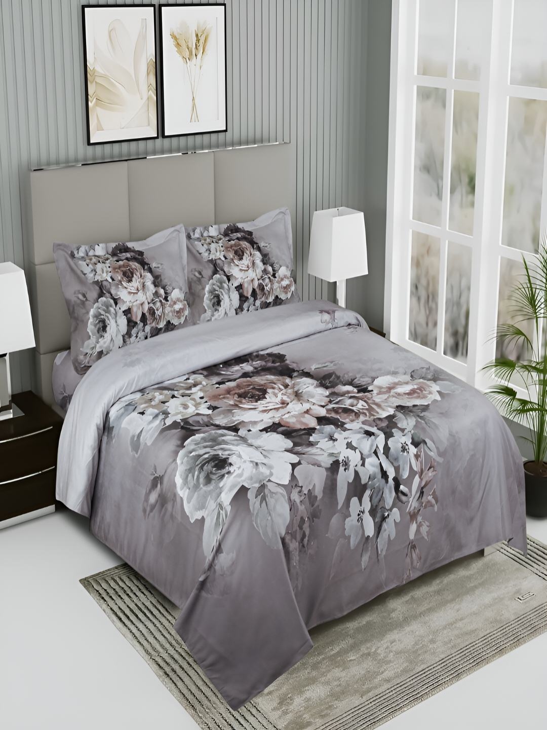 

GAPU & BALY Grey Floral Printed 120 TC King Bedsheet with 2 Pillow Covers