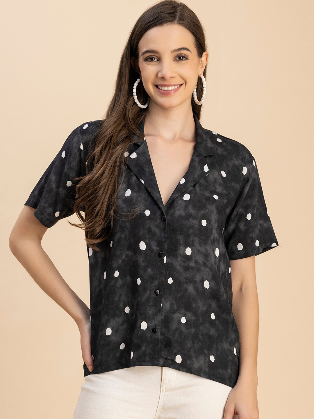 

Moomaya Opaque Polka Dots Printed Spread Collar Short Sleeves Casual Shirt, Grey