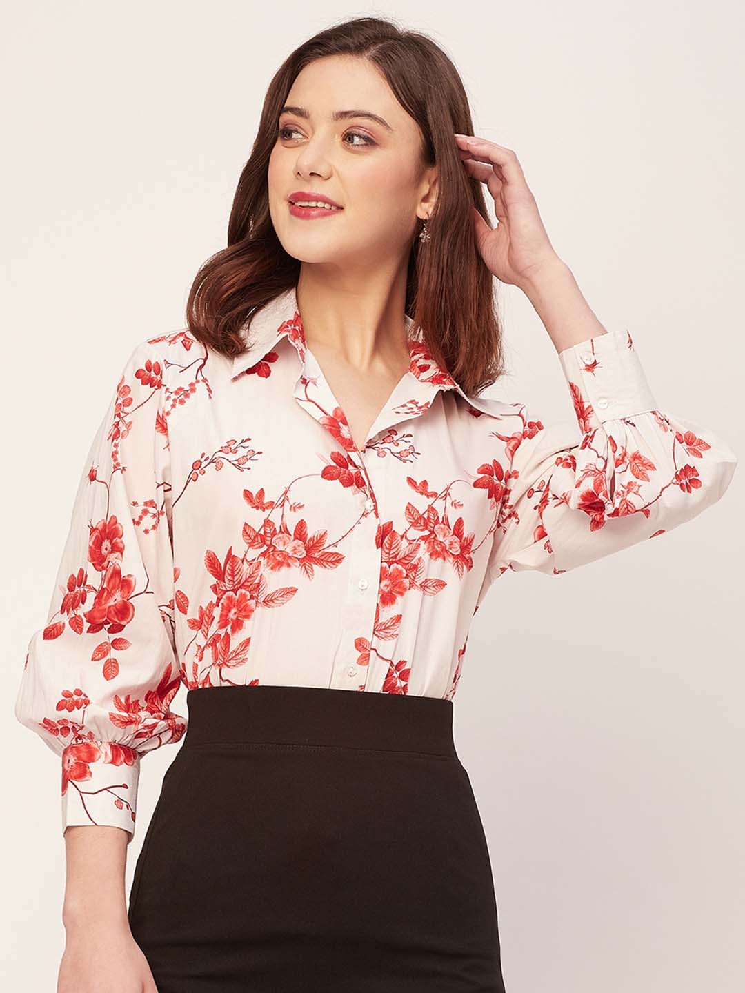 

Moomaya Floral Printed Long Sleeves Cotton Cotton Poplin Formal Shirt, Beige