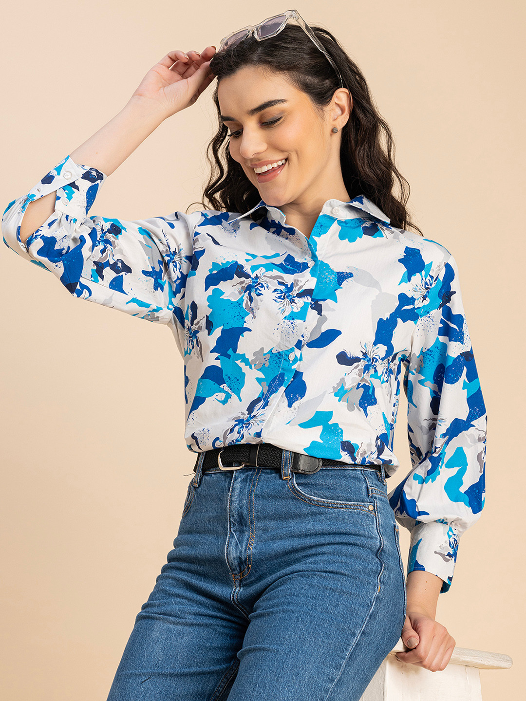

Moomaya Floral Printed Cotton Casual Shirt, Blue
