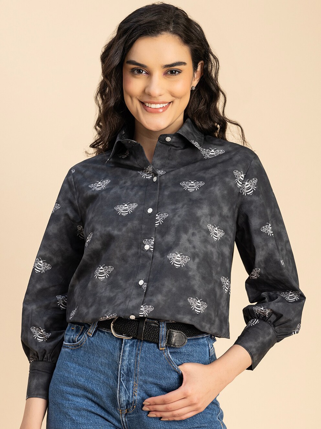 

Moomaya Floral Printed Spread Collar Opaque Cotton Casual Shirt, Grey