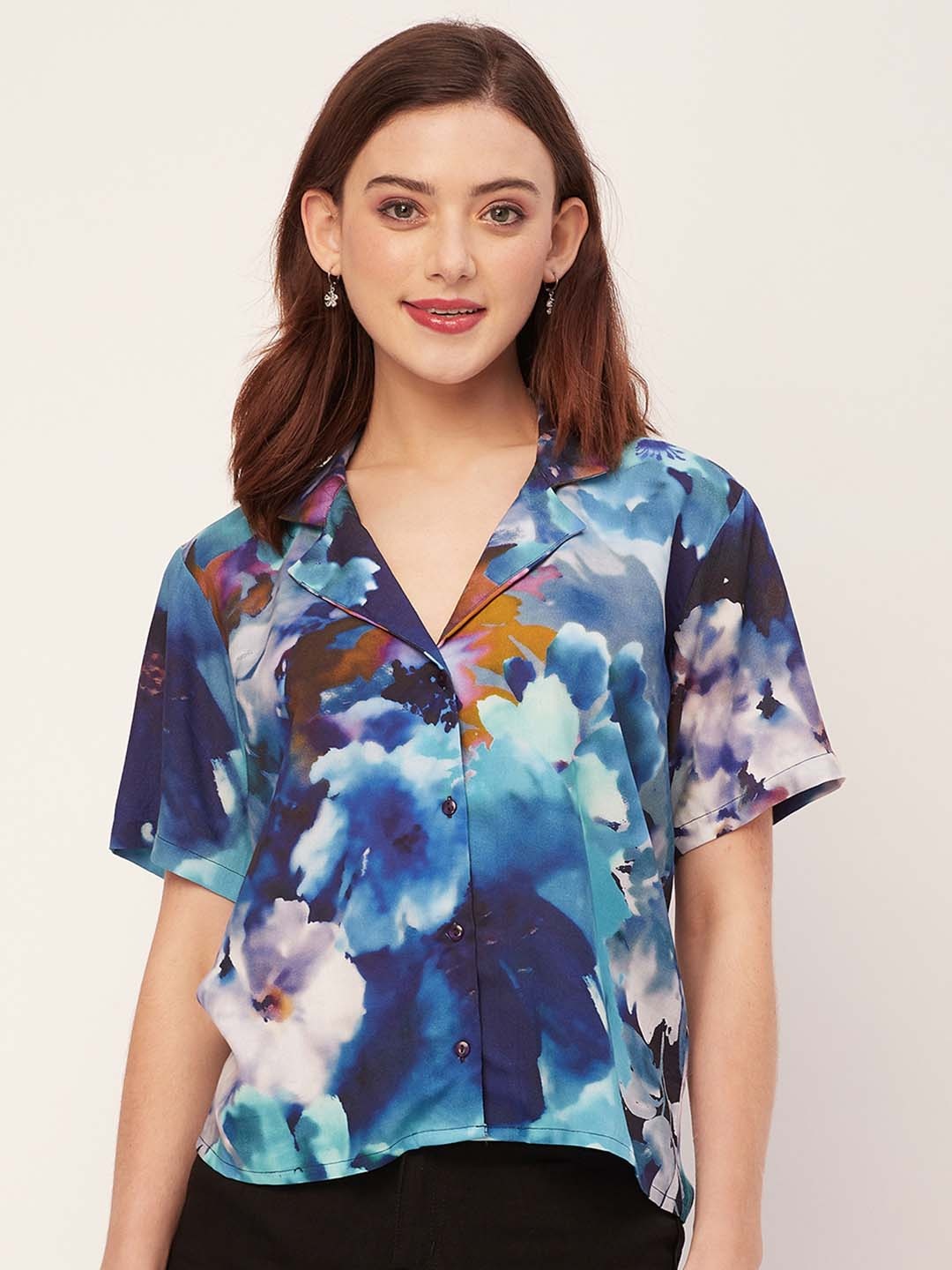 

Moomaya Floral Printed Cuban Collar Short Sleeves Casual Shirt, Blue