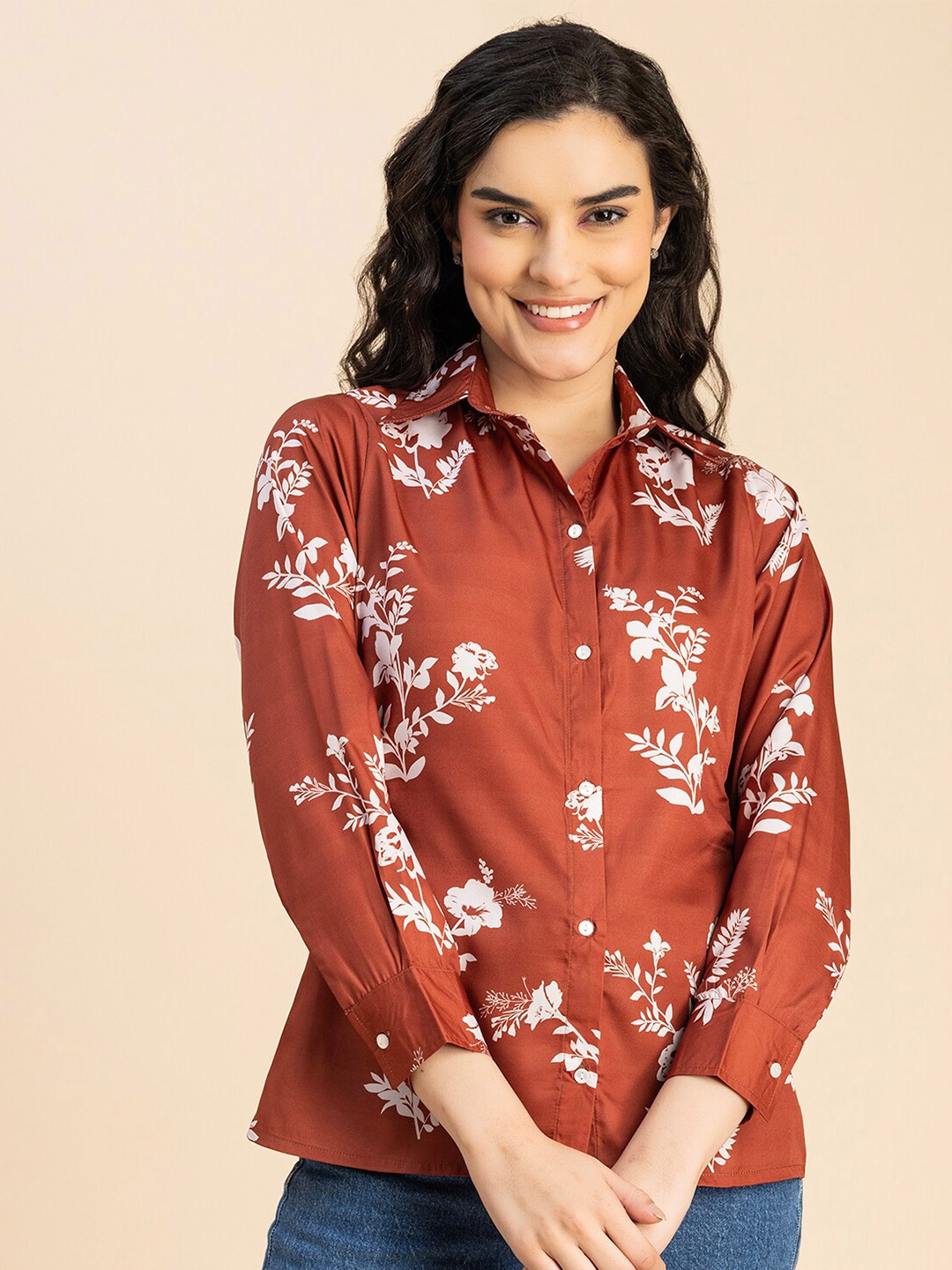 

Moomaya Printed Long Sleeves Spread Collar Floral Opaque Casual Shirt, Rust