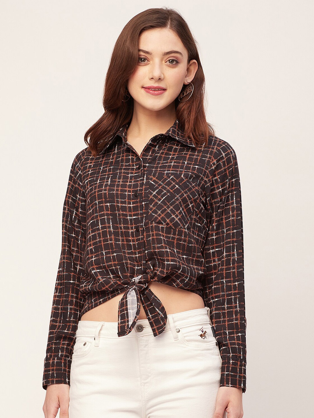 

Moomaya Long Sleeves Spread Collar Tartan Checks Opaque Casual Shirt, Black