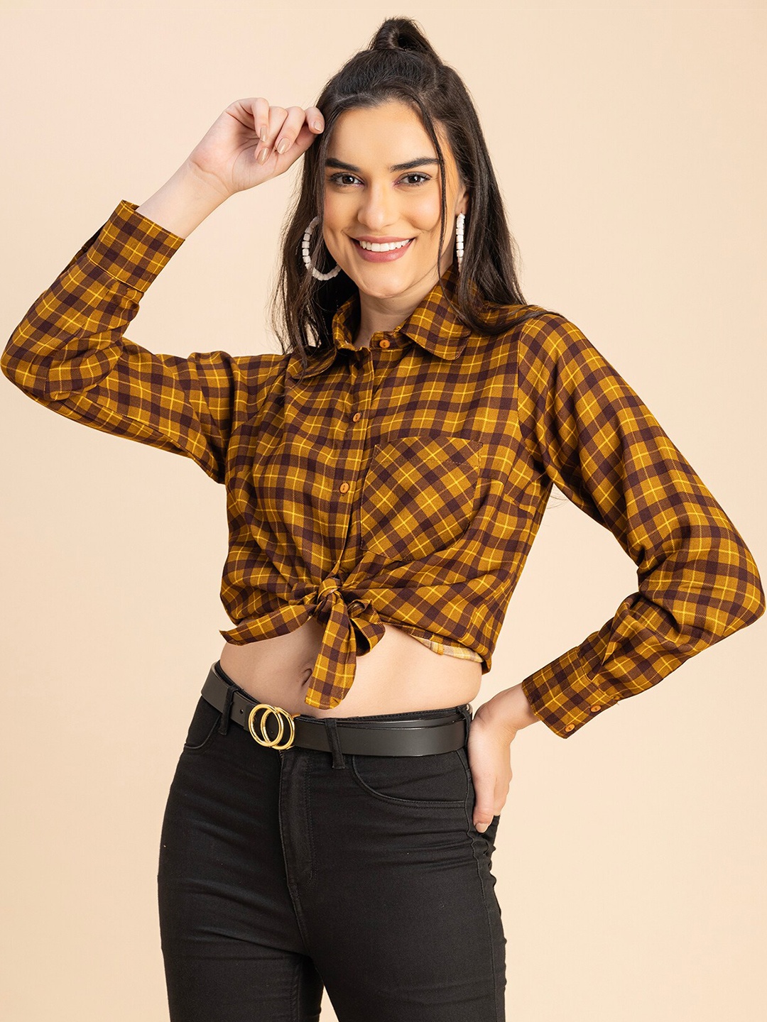 

Moomaya Opaque Checked Printed Spread Collar Casual Shirt, Brown