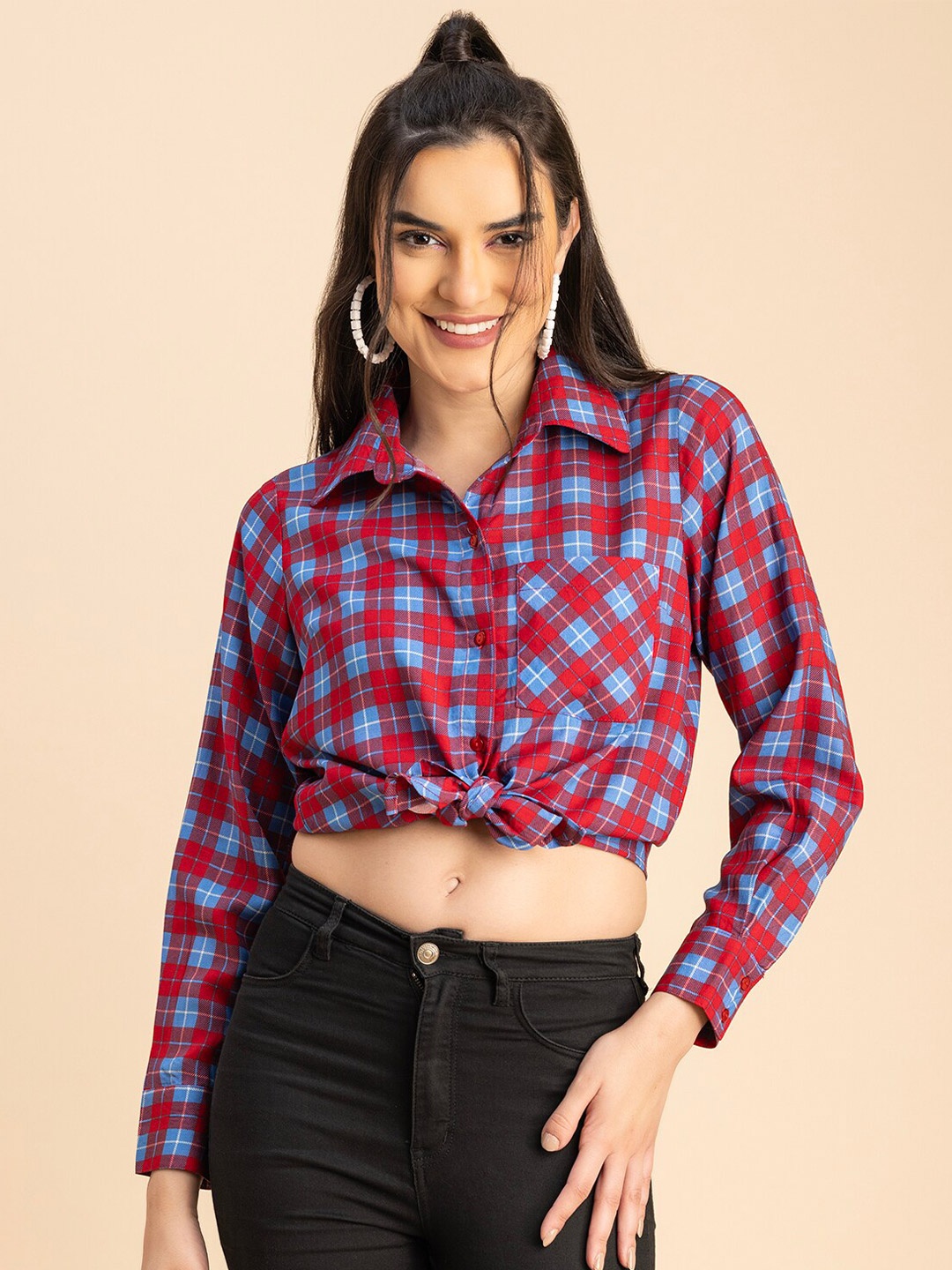 

Moomaya Spread Collar Long Sleeves Opaque Checked Casual Shirt, Red