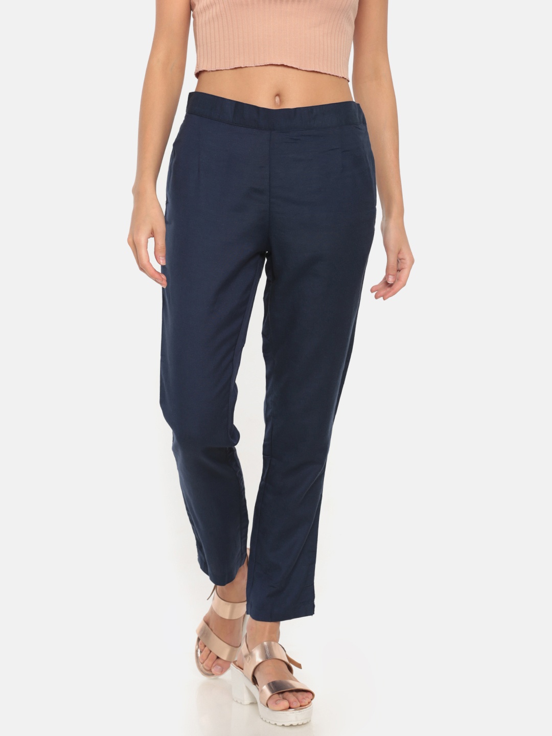 

Go Colors Women Navy Blue Pencil Tapered Fit Cropped Cigarette Trousers