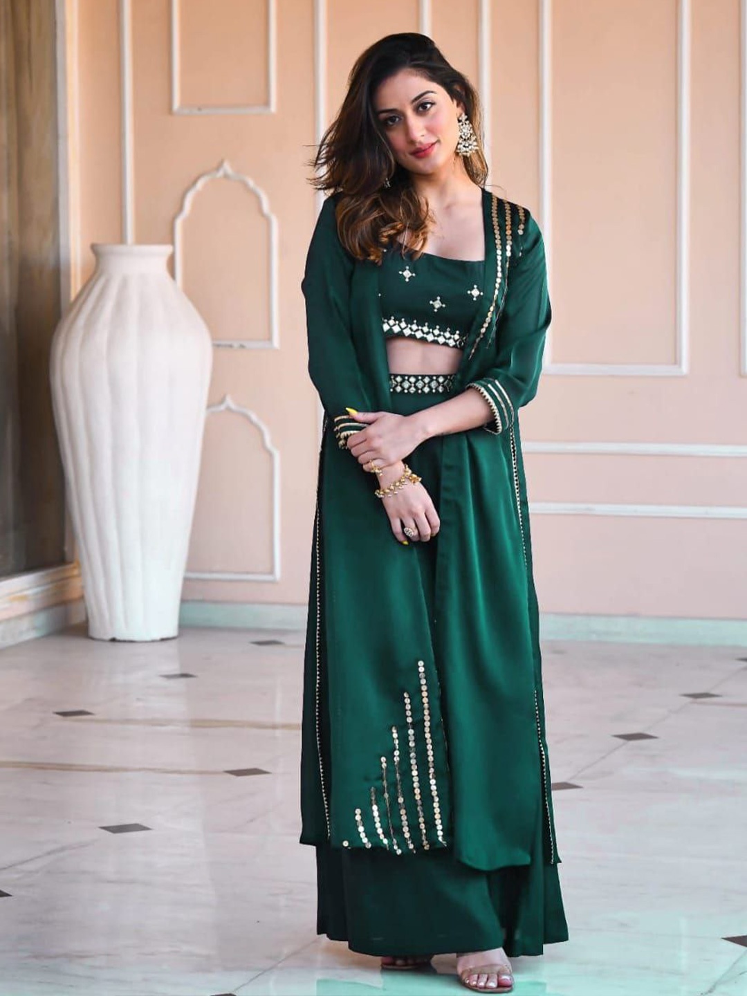 

ISHA TRADE Embellished Crop Ethnic Top With Palazzos & Shrug, Green