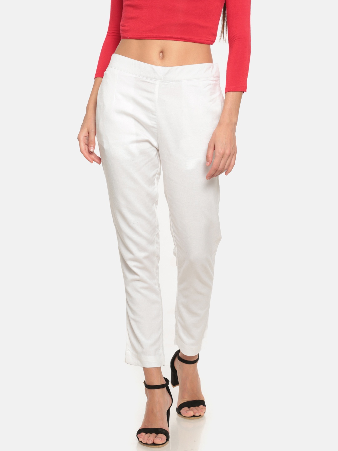 

Go Colors Women White Pencil Tapered Fit Cropped Cigarette Trousers