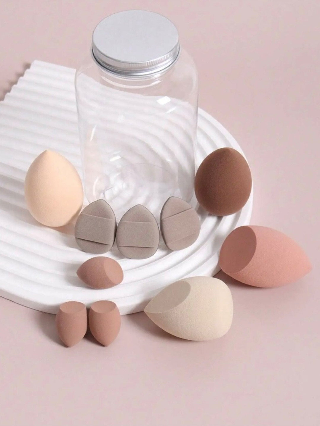 

FEELHIGH Set Of 10 Beauty Sponge Blender-Mini Sponge Blender-Finger Puff With Jar, Brown