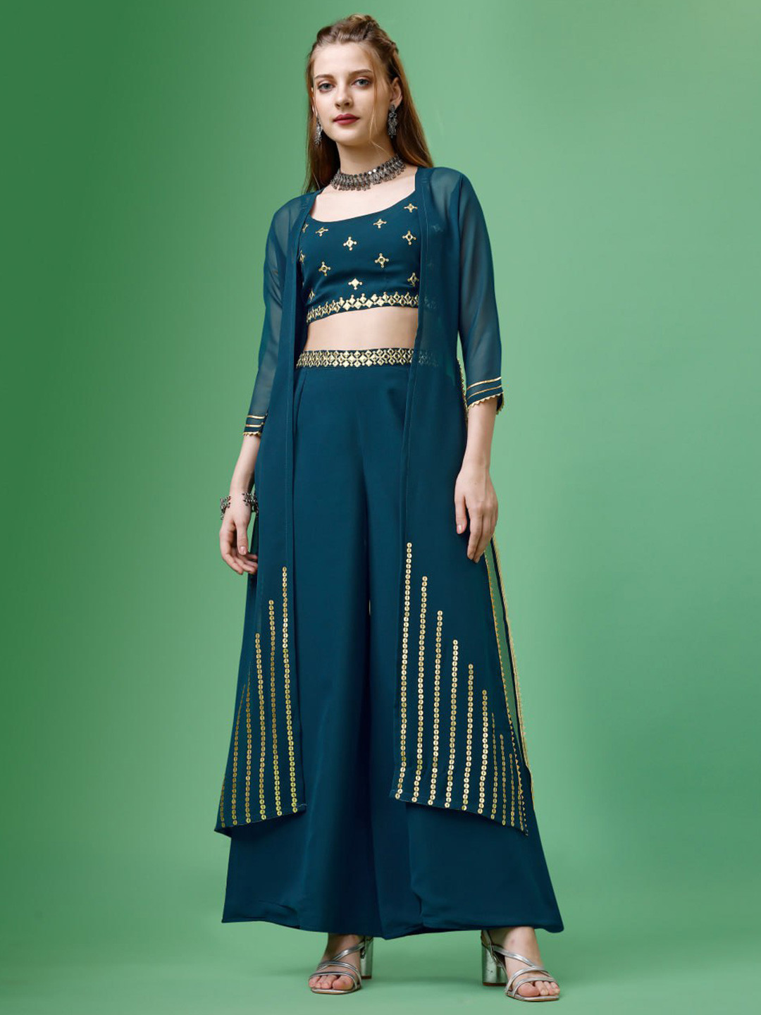 

ISHA TRADE Embellished Crop Ethnic Top With Palazzos & Shrug, Turquoise blue