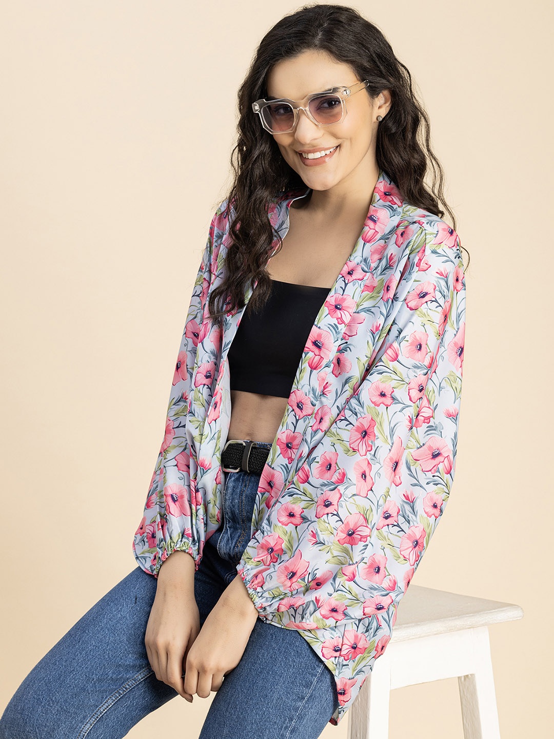 

Moomaya Floral Printed Longline Boxy Shrug, Pink