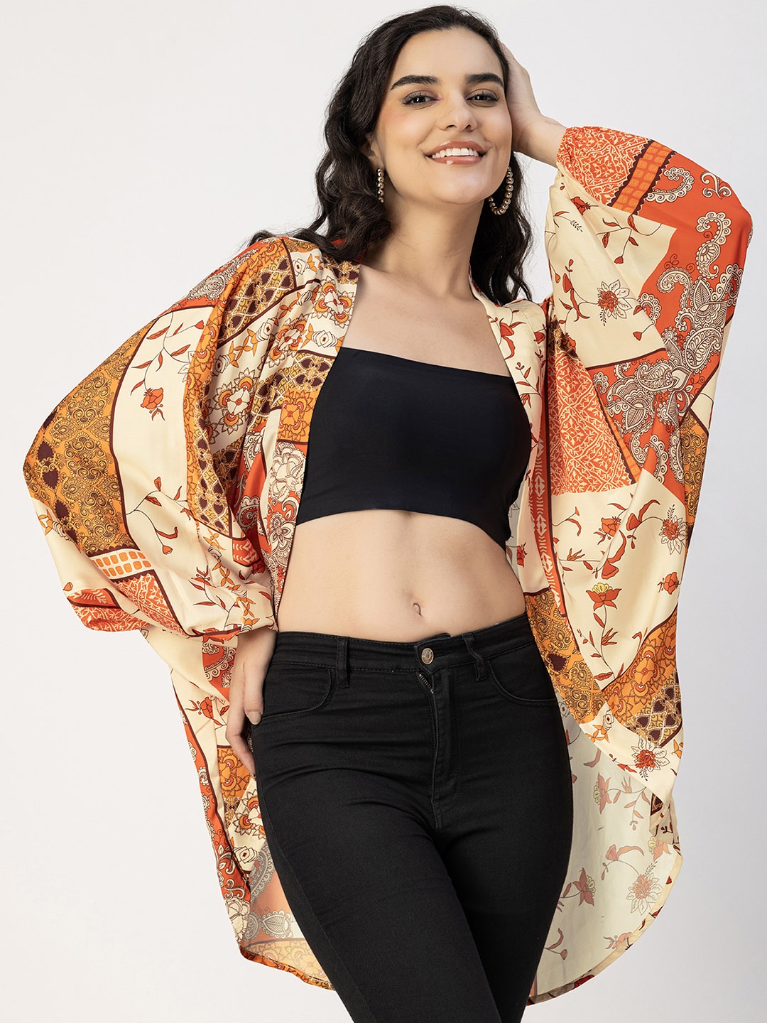 

Moomaya Ethnic Motifs Printed Longline Boxy Shrug, Orange