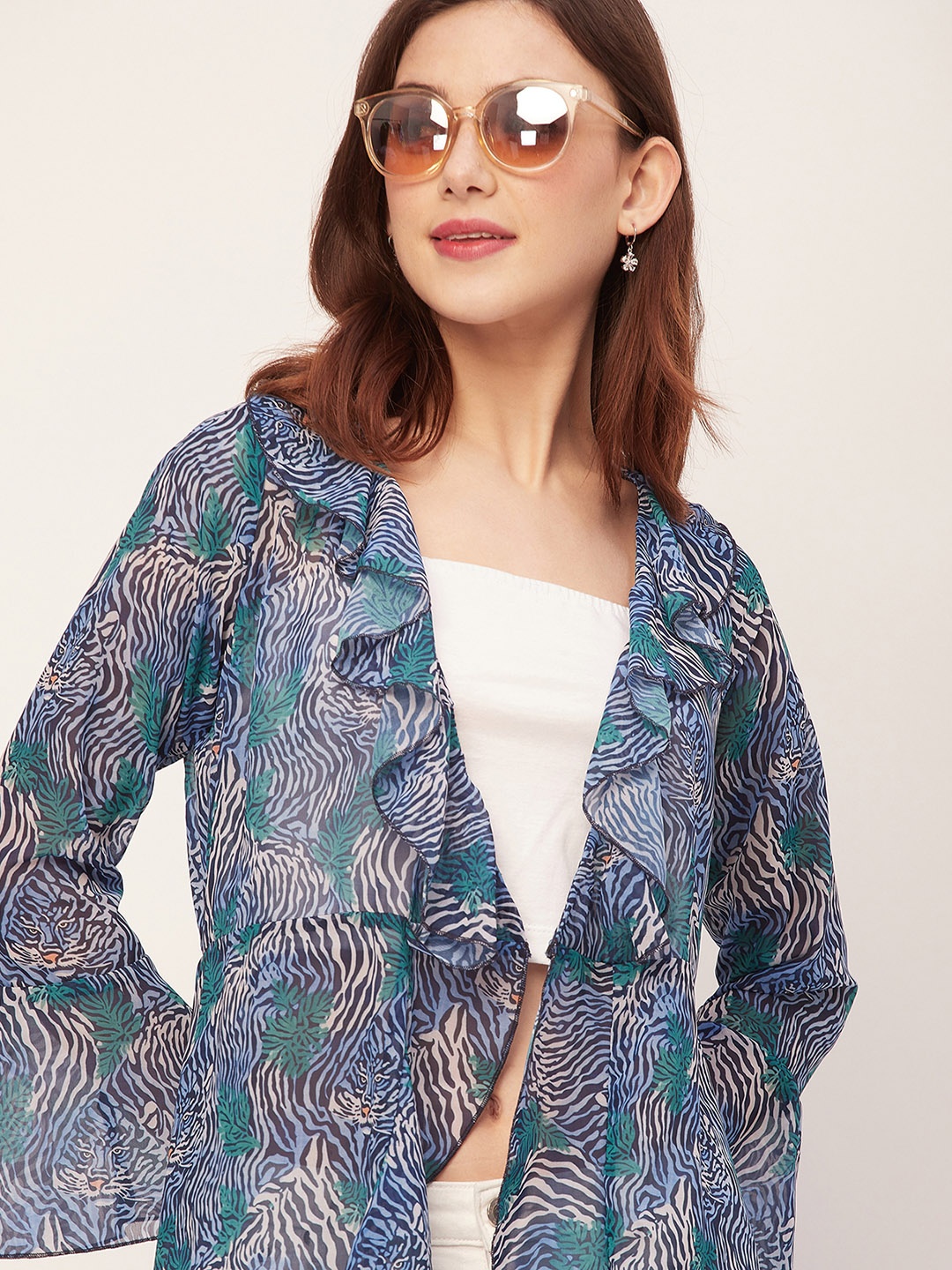 

Moomaya Abstract Printed Ruffled Waterfall Shrug, Blue