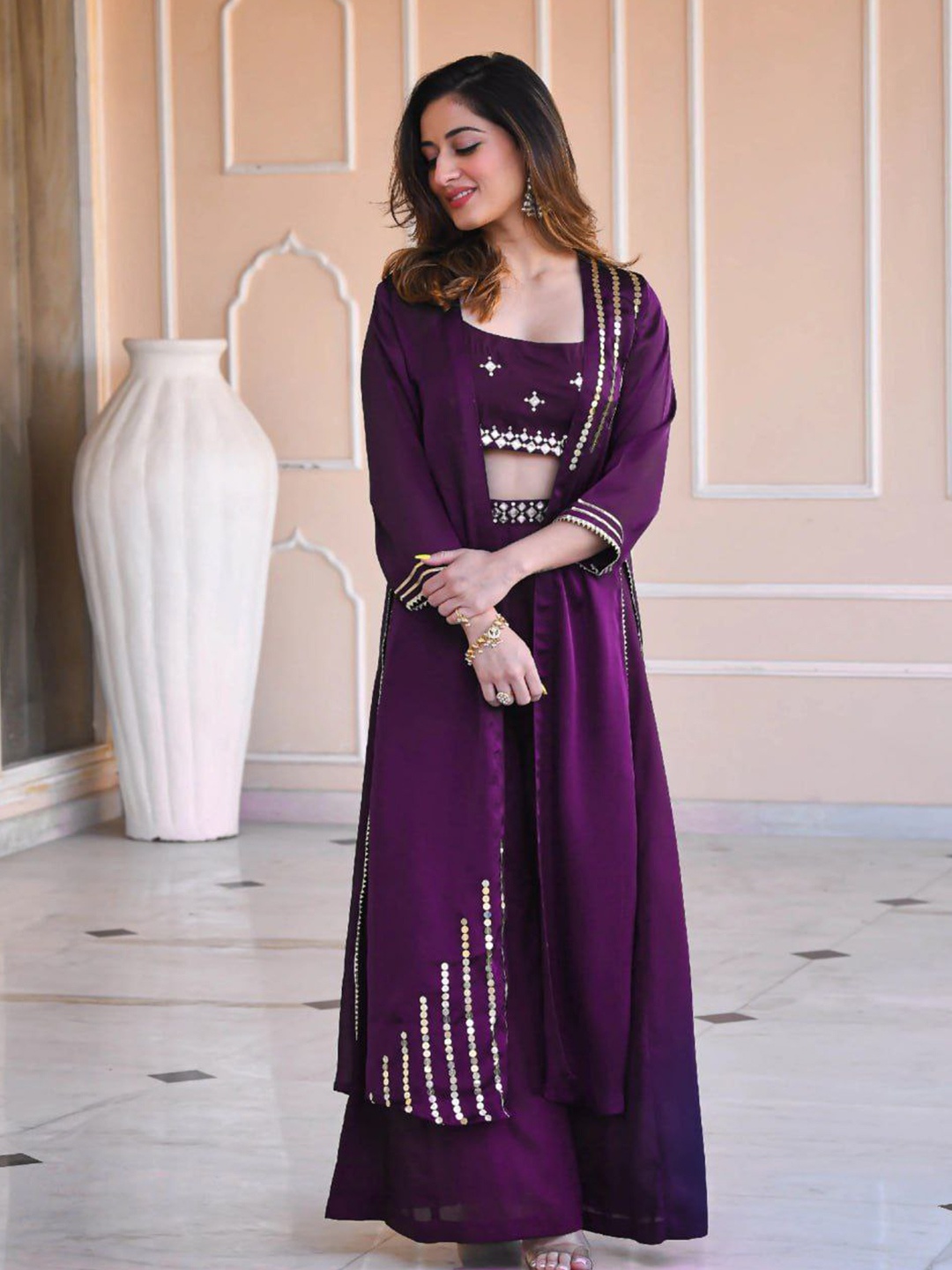 

ISHA TRADE Embellished Crop Ethnic Top With Palazzos & Shrug, Purple