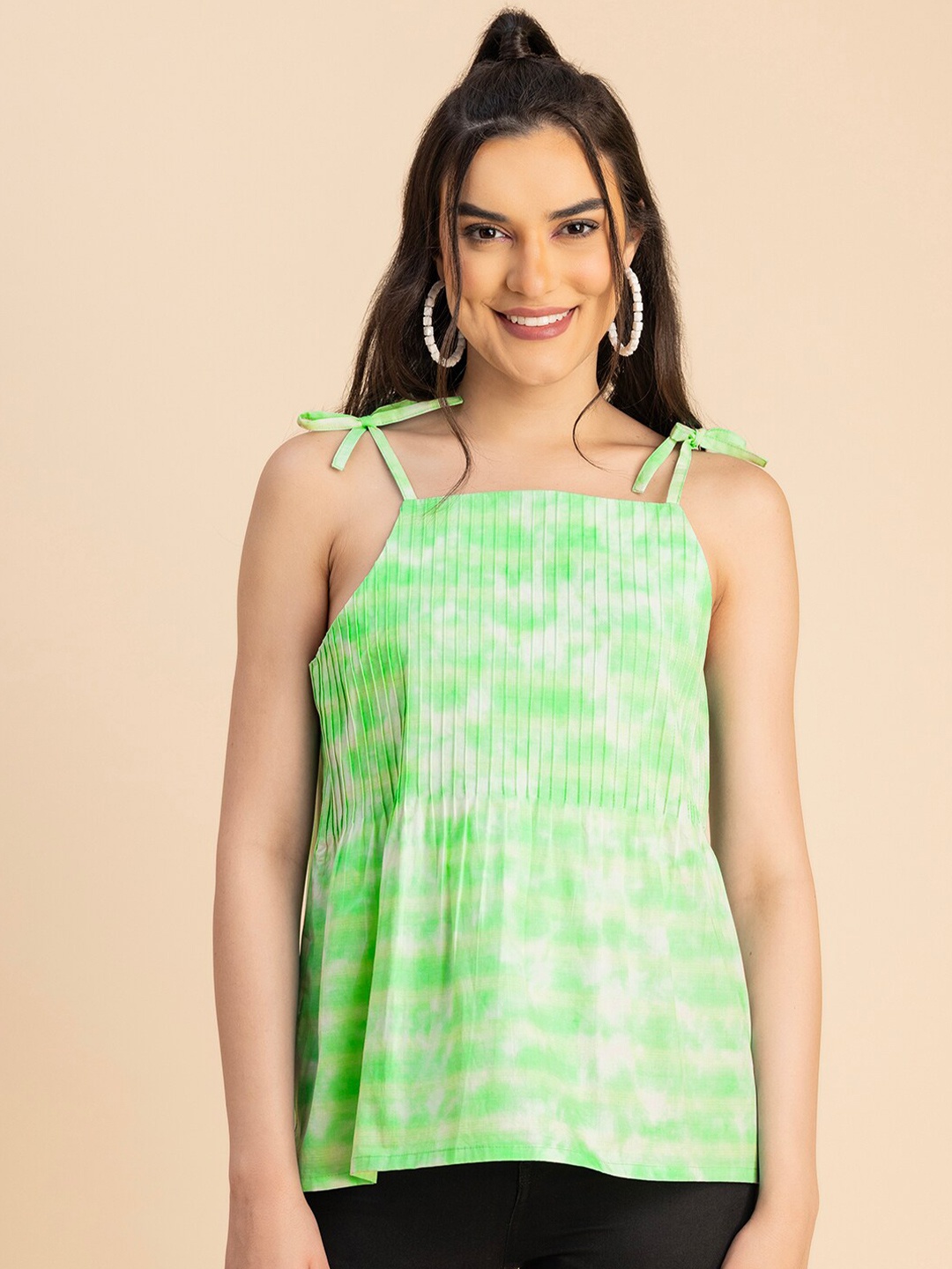 

Moomaya Shoulder straps Sleeveless Printed Cotton Top, Green