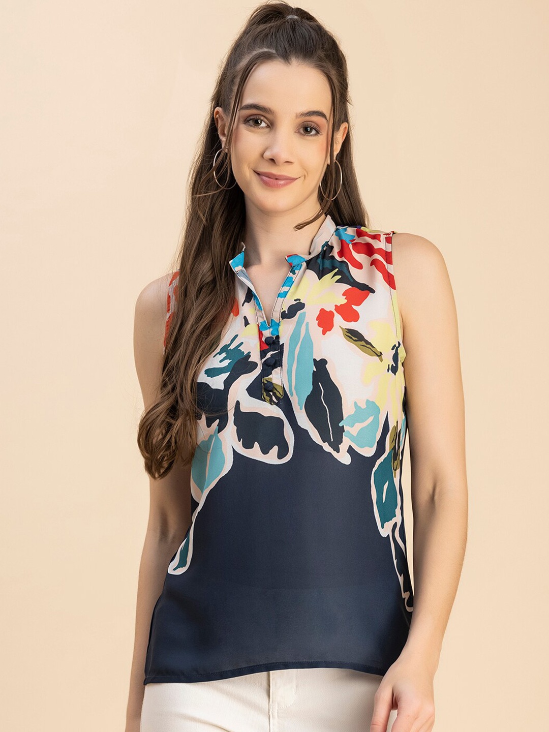 

Moomaya Mandarin Collar Sleeveless Floral Print Regular Top, Navy blue