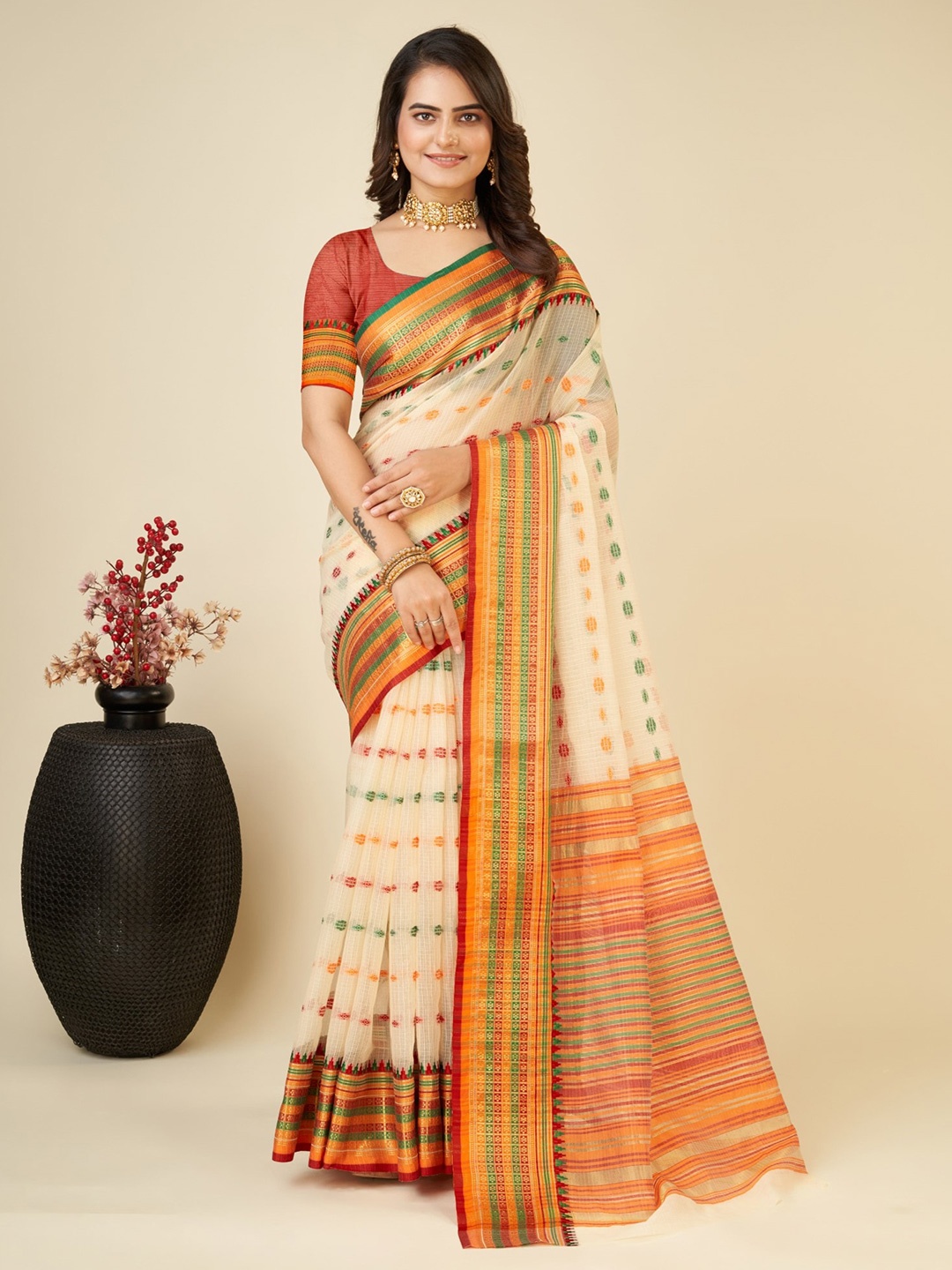 

LeeliPeeri Designer Floral Woven Design Zari Saree, Cream