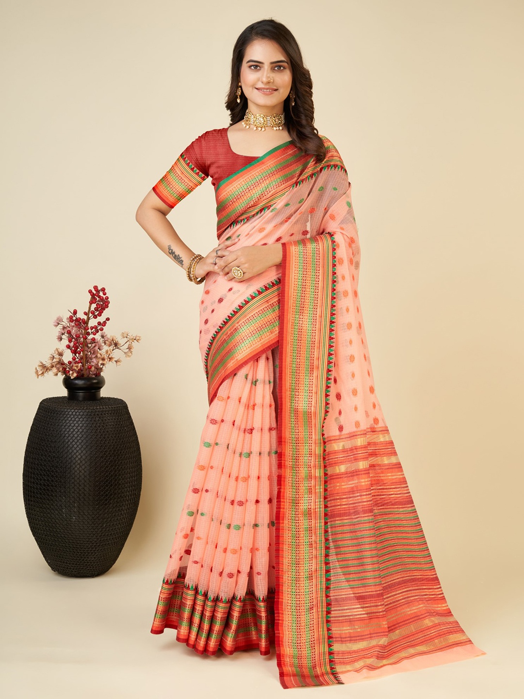 

LeeliPeeri Designer Woven Design Zari Saree, Peach