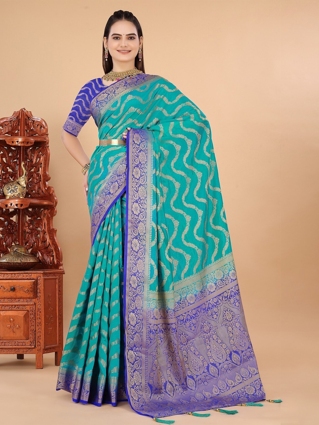 

Saree Exotica Meenakari Motifs Woven Design Zari Pure Silk Banarasi Sarees, Navy blue