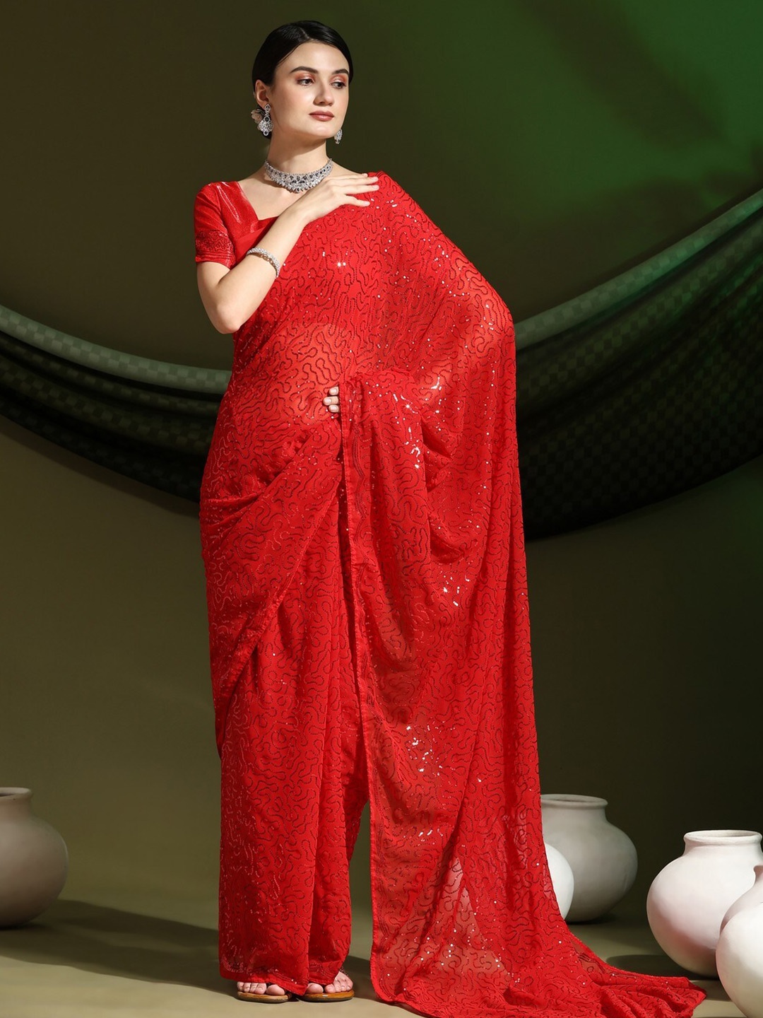 

Saree Exotica Embellished Sequined Pure Georgette Designer Banarasi Sarees, Red