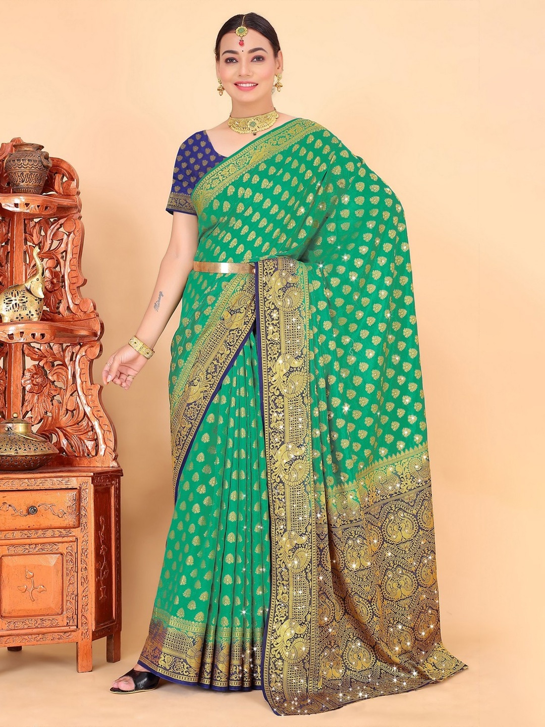 

Saree Exotica Woven Design Beads and Stones Pure Silk Banarasi Sarees, Green