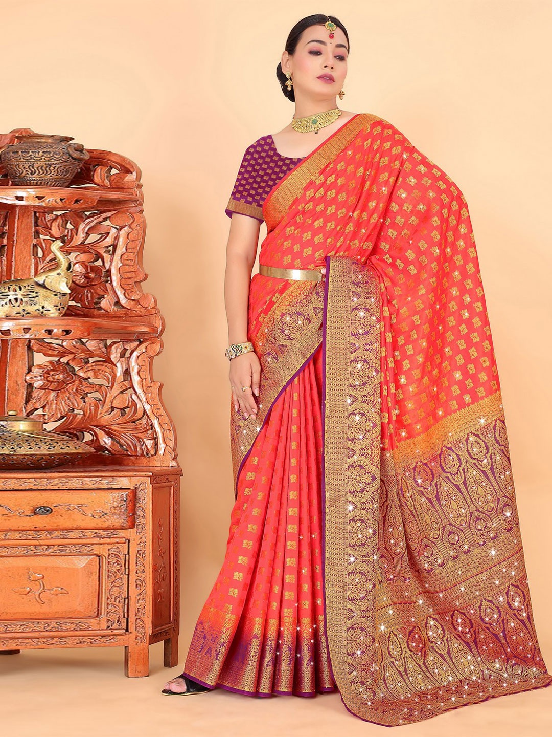 

Saree Exotica Woven Design Beads and Stones Pure Silk Banarasi Sarees, Red