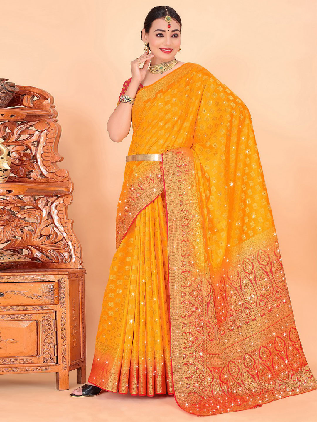 

Saree Exotica Woven Design Beads and Stones Pure Silk Banarasi Sarees, Gold