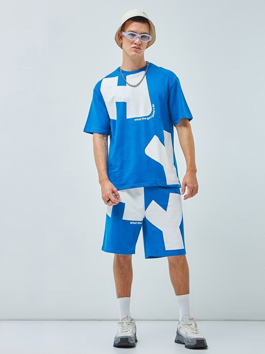 

Bewakoof Typography Printed Oversized T-shirt With Shorts, Blue