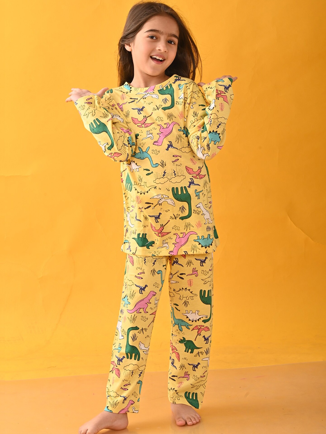 

Anthrilo Girls Printed Cotton Night suit, Yellow
