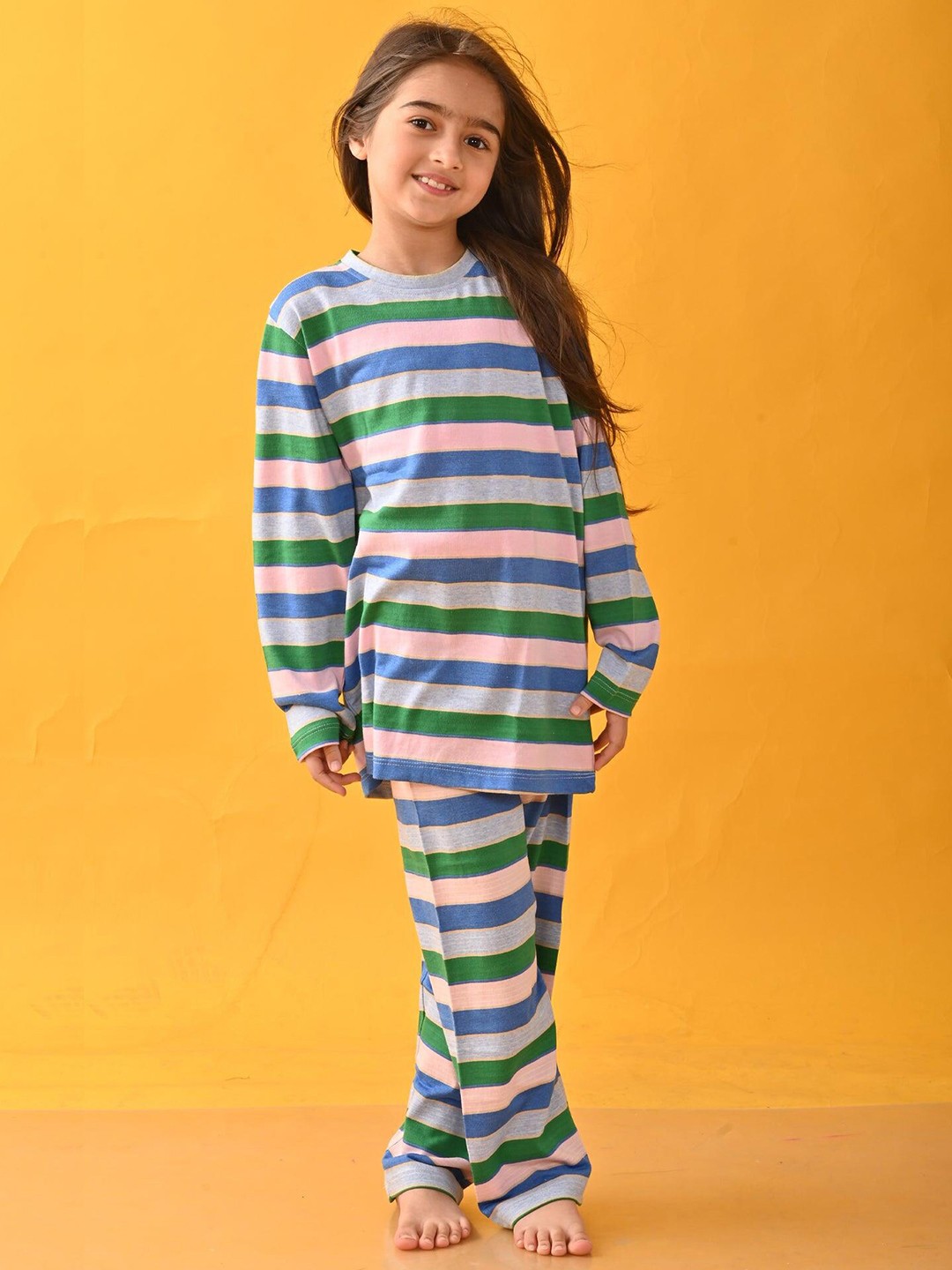 

Anthrilo Girls Striped Cotton Night suit, Blue