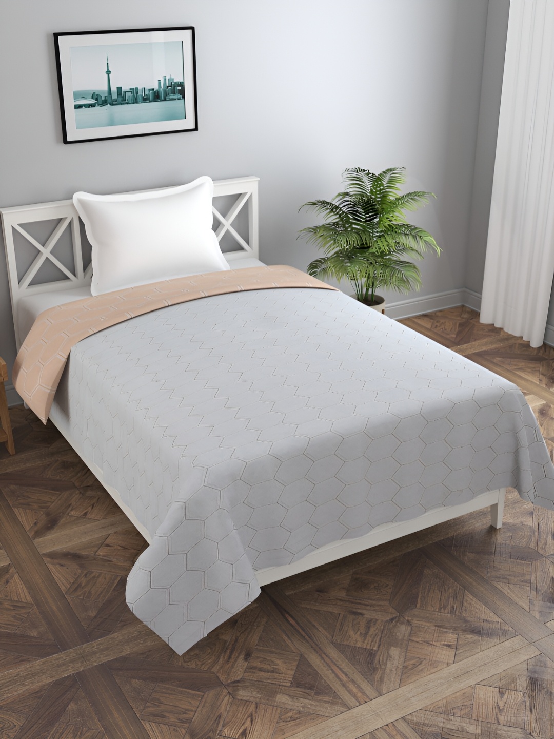 

MORADO Grey & Peach Printed Single Duvet Double Size Bed Reversible Duvet Cover