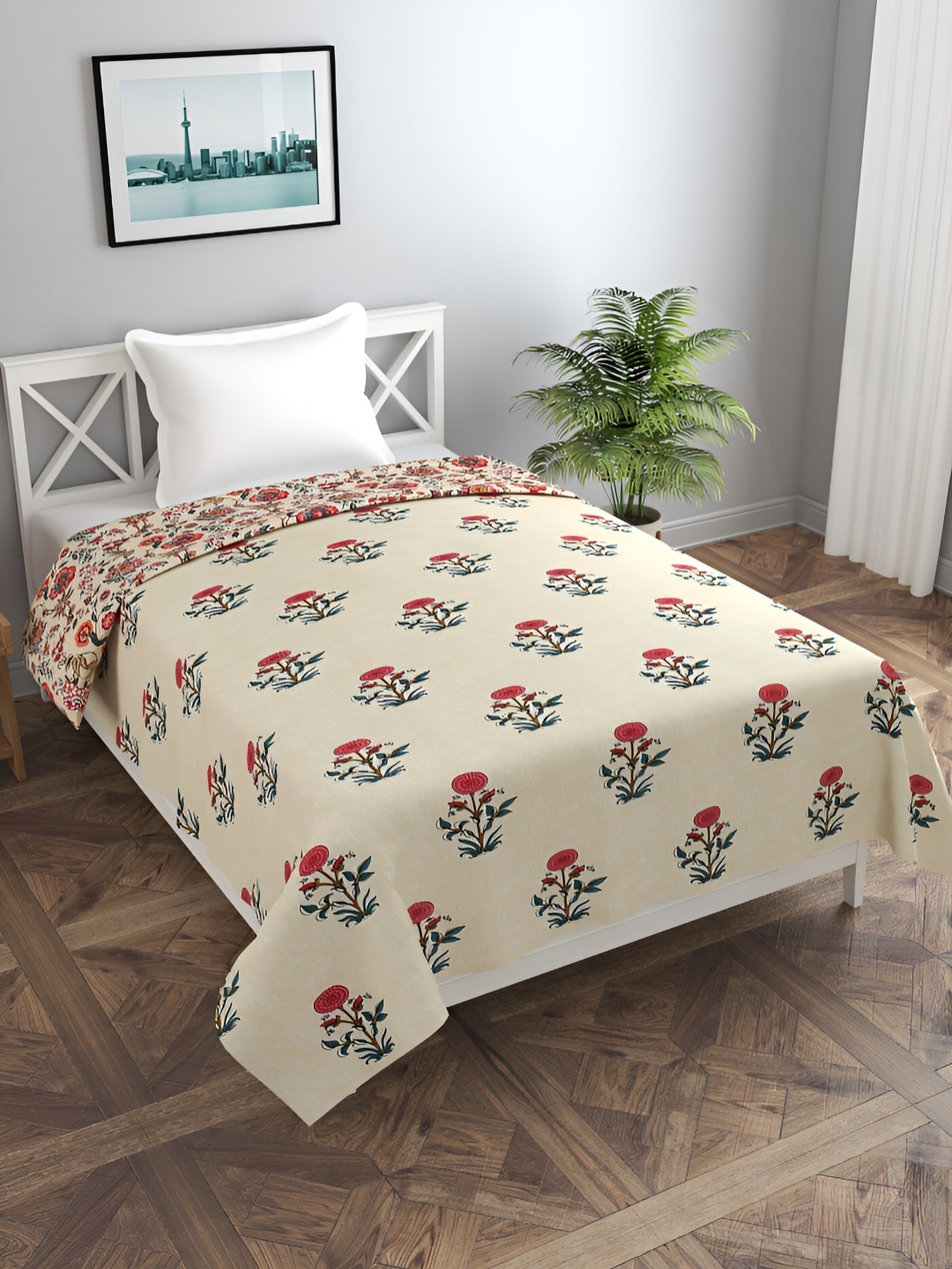 

MORADO Cream-Coloured & Blue Floral Printed Single Duvet Cover