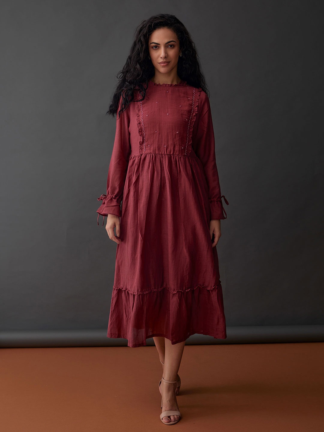 

Bombay Bloom Silk A-Line Midi Dress, Red