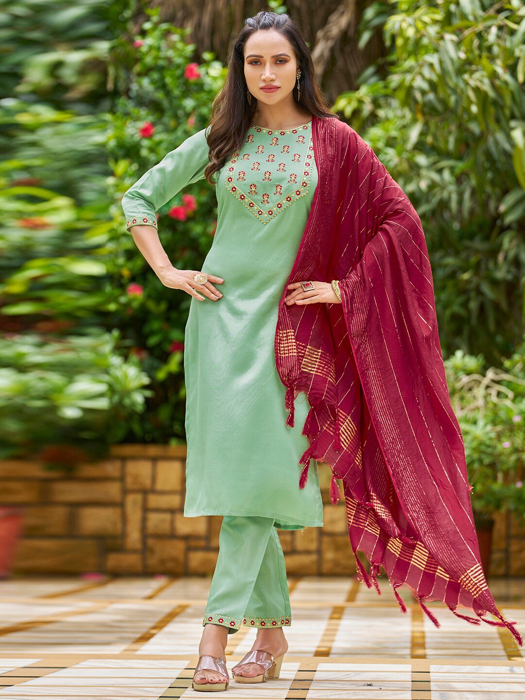 

KALINI Ethnic Motifs Yoke Design Thread Work Kurta with Trousers & Dupatta, Green