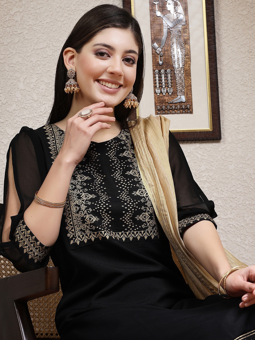 

KALINI Ethnic Motifs Foil Printed Yoke Design Straight Kurta with Palazzos & Dupatta, Black