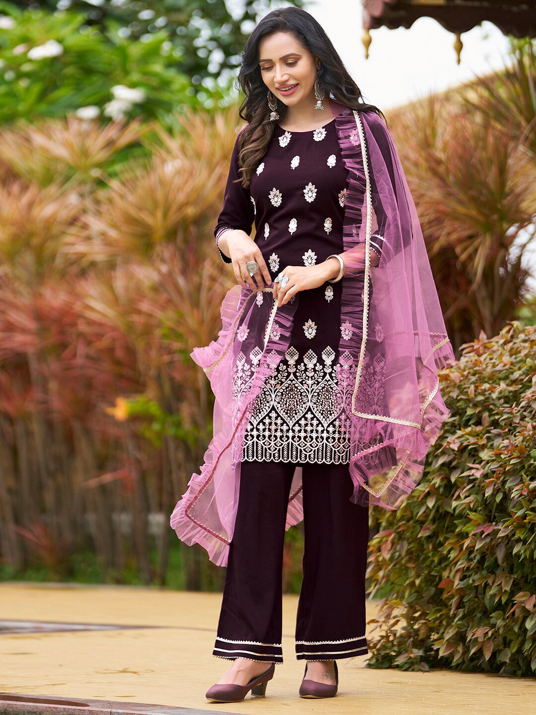

KALINI Floral Embroidered Straight Kurta with Palazzos & Dupatta, Purple