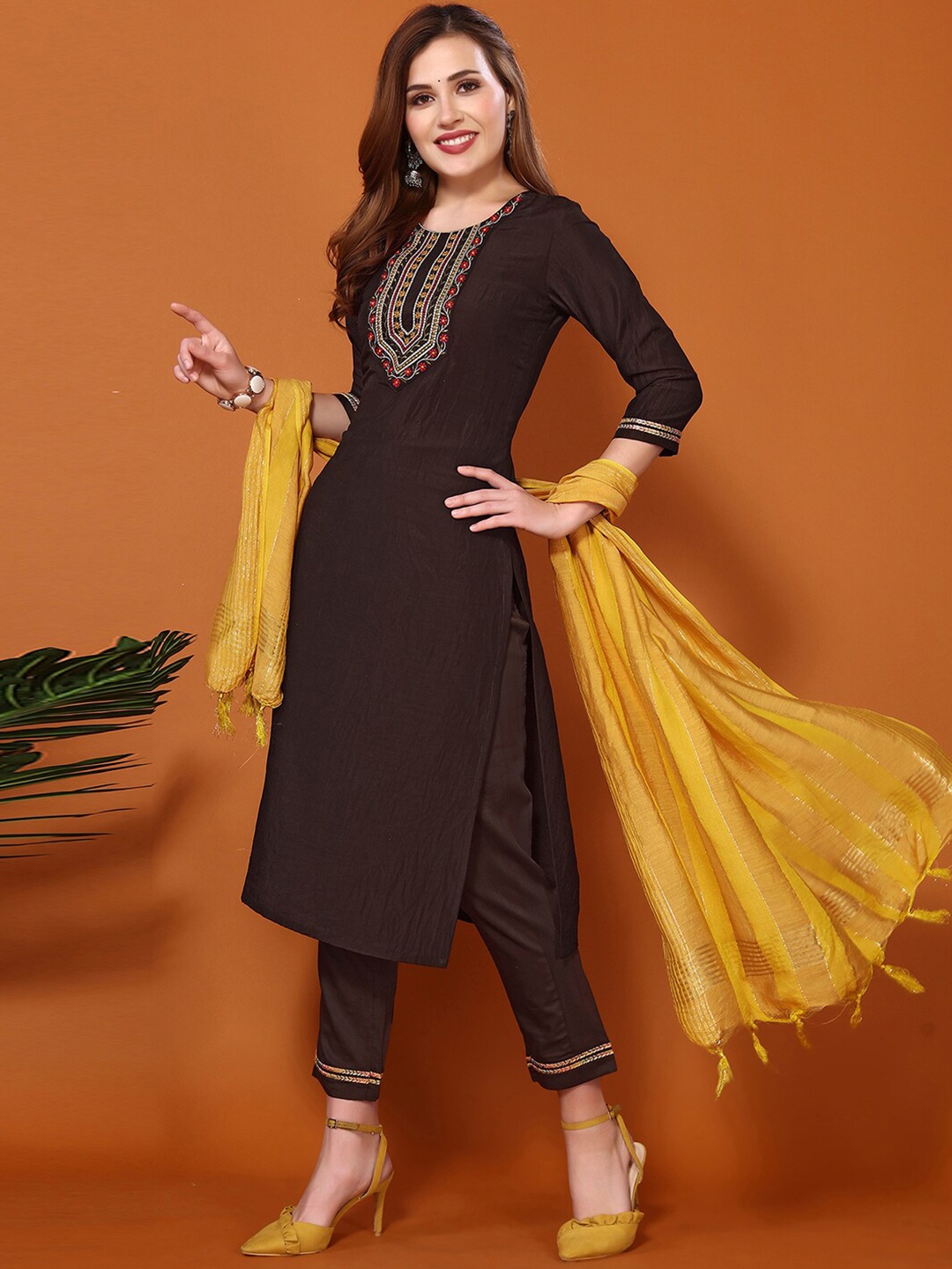 

KALINIFloral Yoke Design Thread Work Kurta with Trousers & Dupatta, Brown