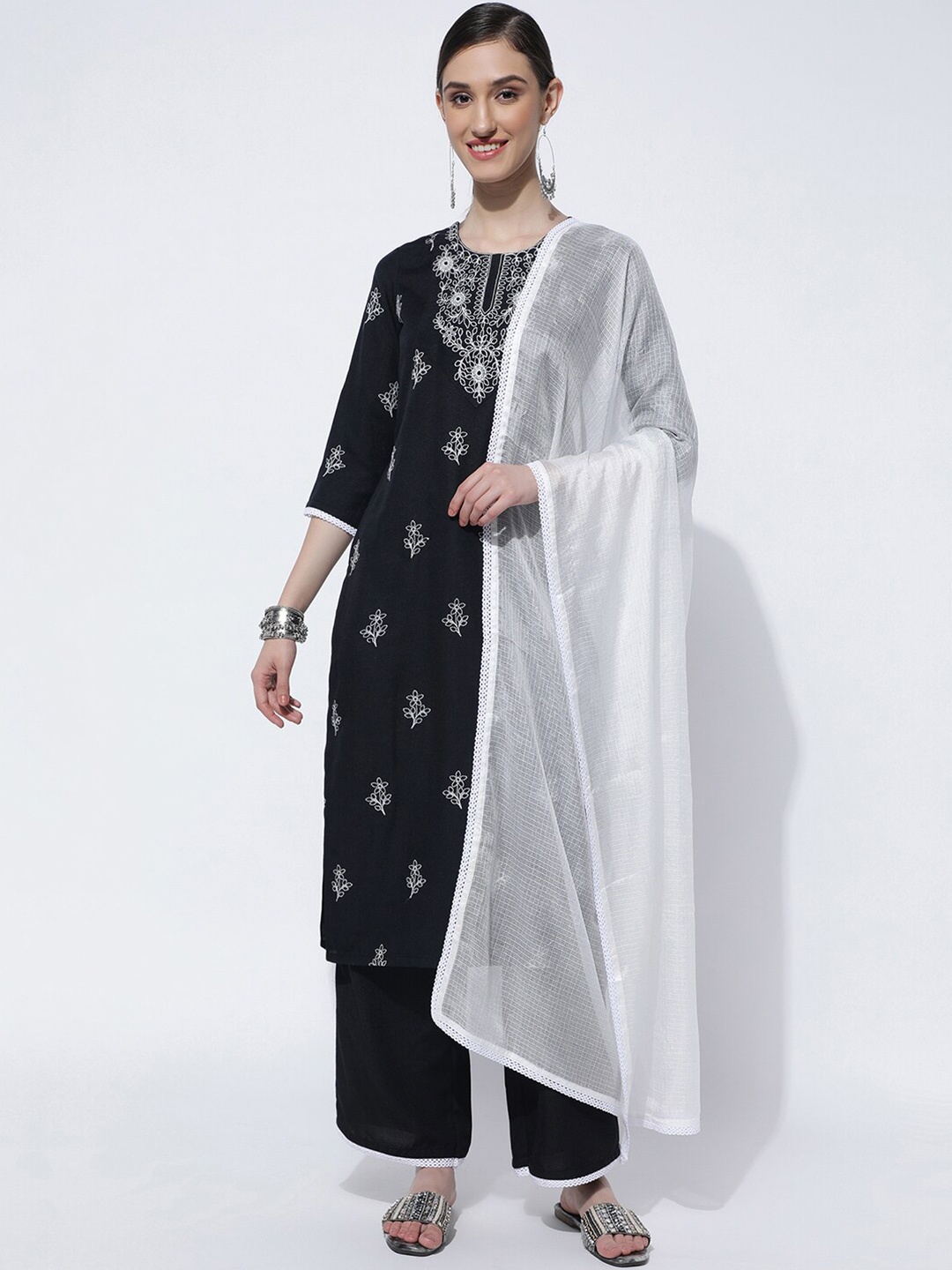 

KALINI Floral Embroidered Kurta with Trousers & Dupatta, Black