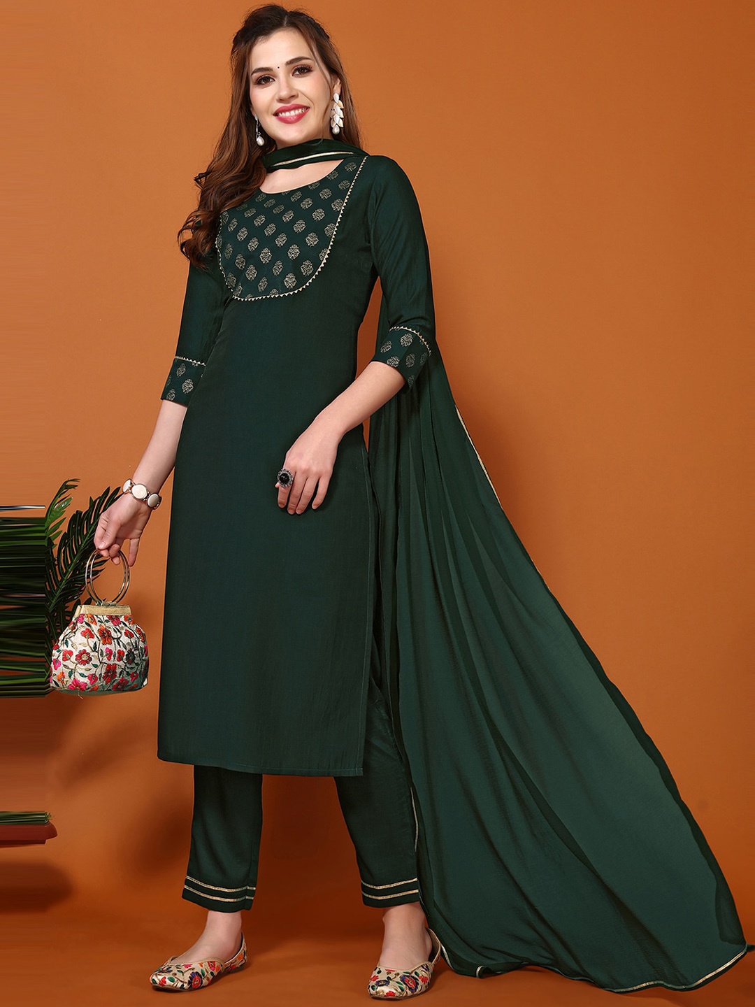 

KALINI Floral Yoke Design Gotta Patti Kurta with Trousers & Dupatta, Green